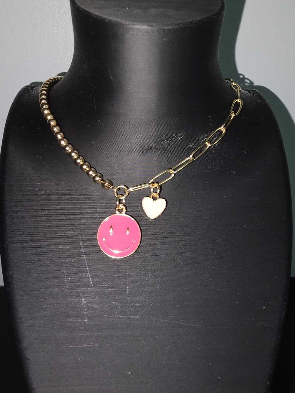 Gold-Tone Mixed Chain Necklace with Pink Enamel Smiley and Gold Heart Charm